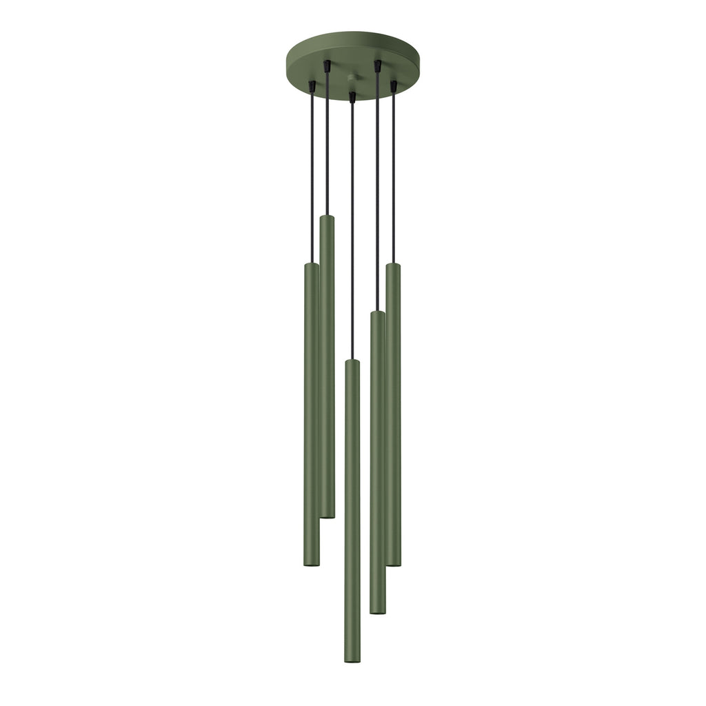 Suspension Pastelo 5 en grappe tubes fins vert olive G9, fin tube effilé en acier laqué