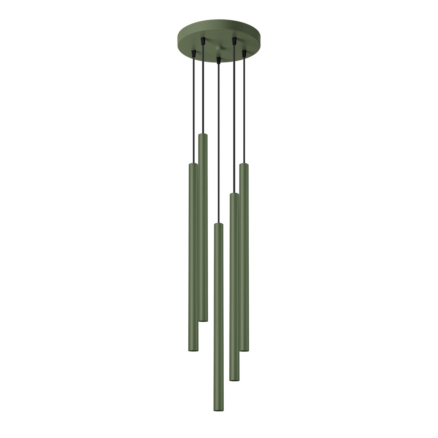 Suspension Pastelo 5 en grappe tubes fins vert olive G9, fin tube effilé en acier laqué