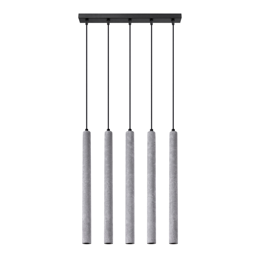 Suspension Pastelo 5 en ligne tubes fins béton gris G9, cinq fins tubes de béton gris brut en ligne sous une barre