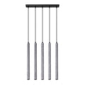 Suspension Pastelo 5 en ligne tubes fins béton gris G9, cinq fins tubes de béton gris brut en ligne sous une barre
