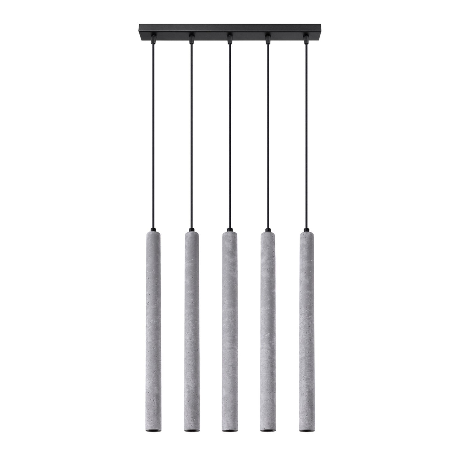 Suspension Pastelo 5 en ligne tubes fins béton gris G9, cinq fins tubes de béton gris brut en ligne sous une barre