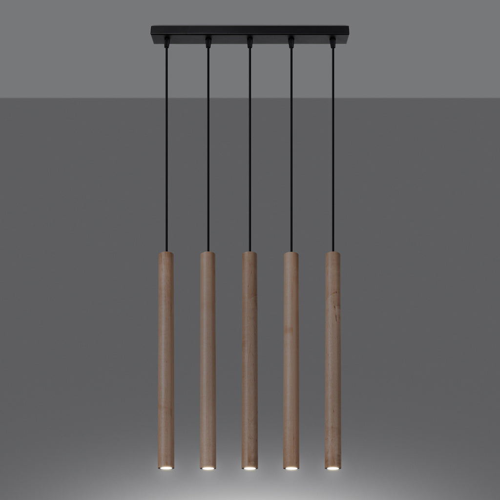 Suspension Pastelo 5 en ligne tubes fins bois G9 allumée, faisceau vers le bas