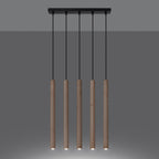 Suspension Pastelo 5 en ligne tubes fins bois G9 allumée, faisceau vers le bas