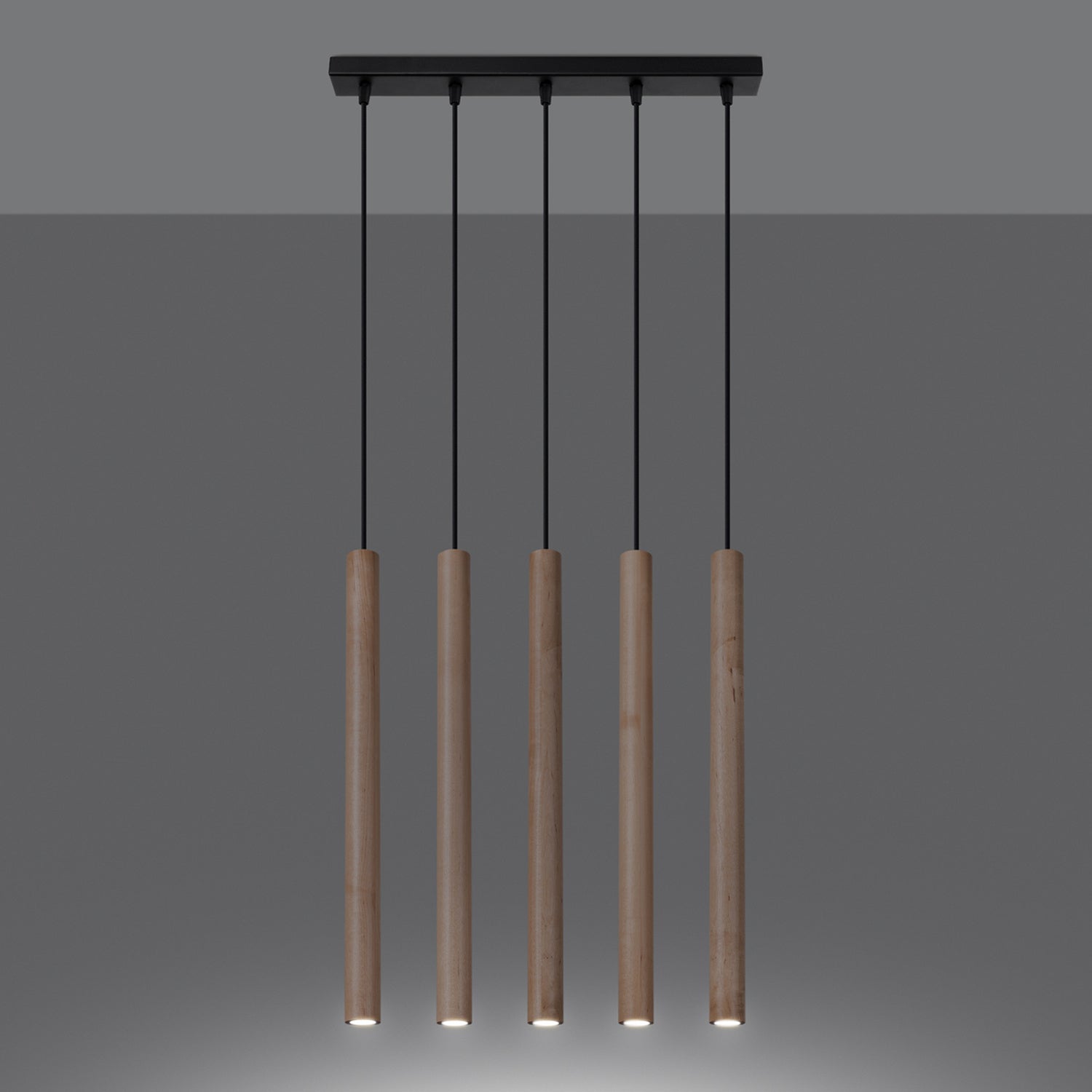 Suspension Pastelo 5 en ligne tubes fins bois G9 allumée, faisceau vers le bas
