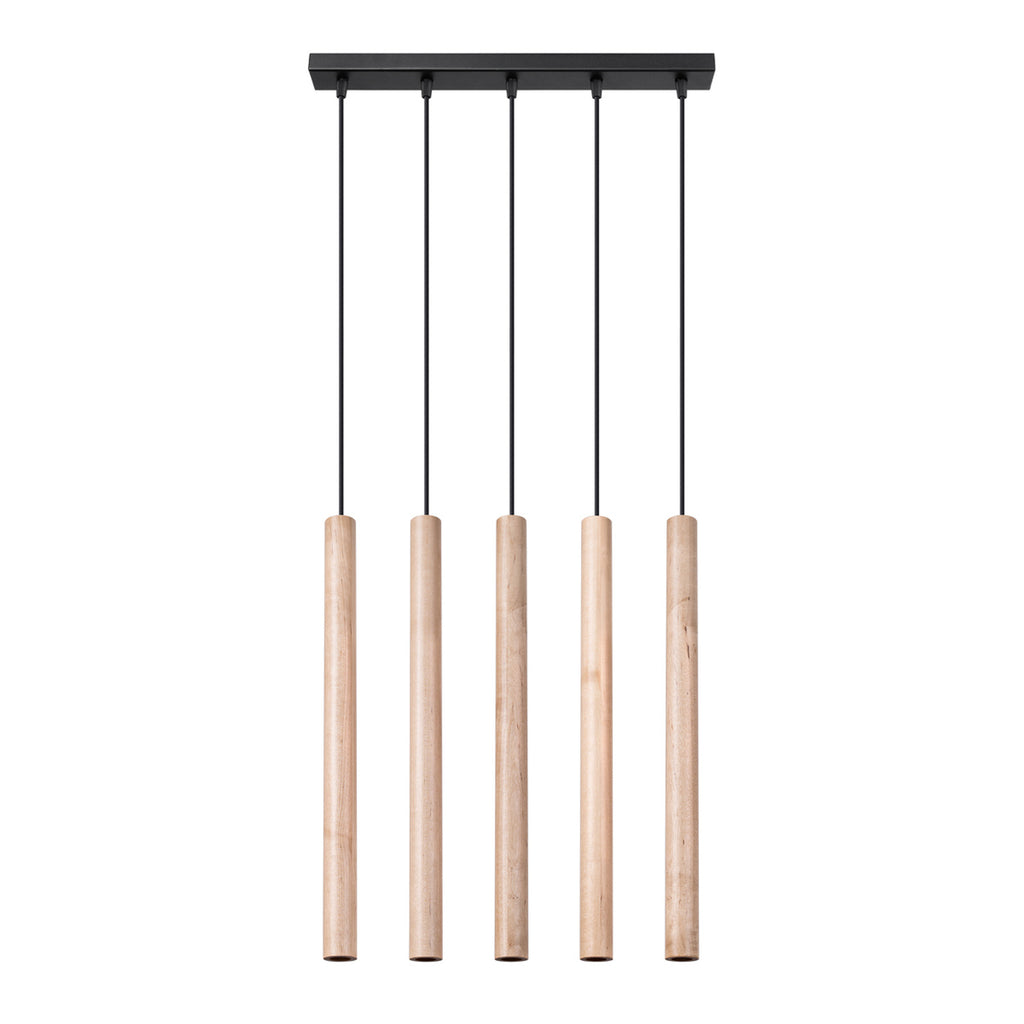 Suspension Pastelo 5 en ligne tubes fins bois G9, cinq fins tubes de bois naturel en ligne sous une barre