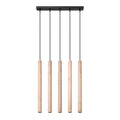 Suspension Pastelo 5 en ligne tubes fins bois G9, cinq fins tubes de bois naturel en ligne sous une barre