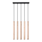 Suspension Pastelo 5 en ligne tubes fins bois G9, cinq fins tubes de bois naturel en ligne sous une barre