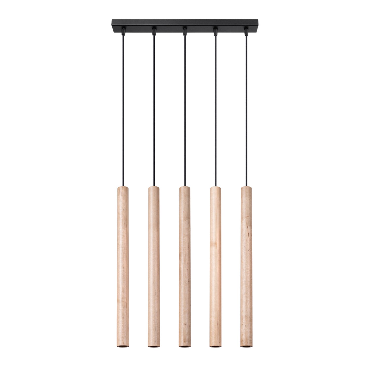 Suspension Pastelo 5 en ligne tubes fins bois G9, cinq fins tubes de bois naturel en ligne sous une barre