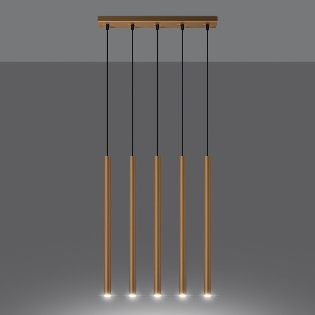 Suspension Pastelo 5 en ligne tubes fins doré G9 allumée, faisceau vers le bas
