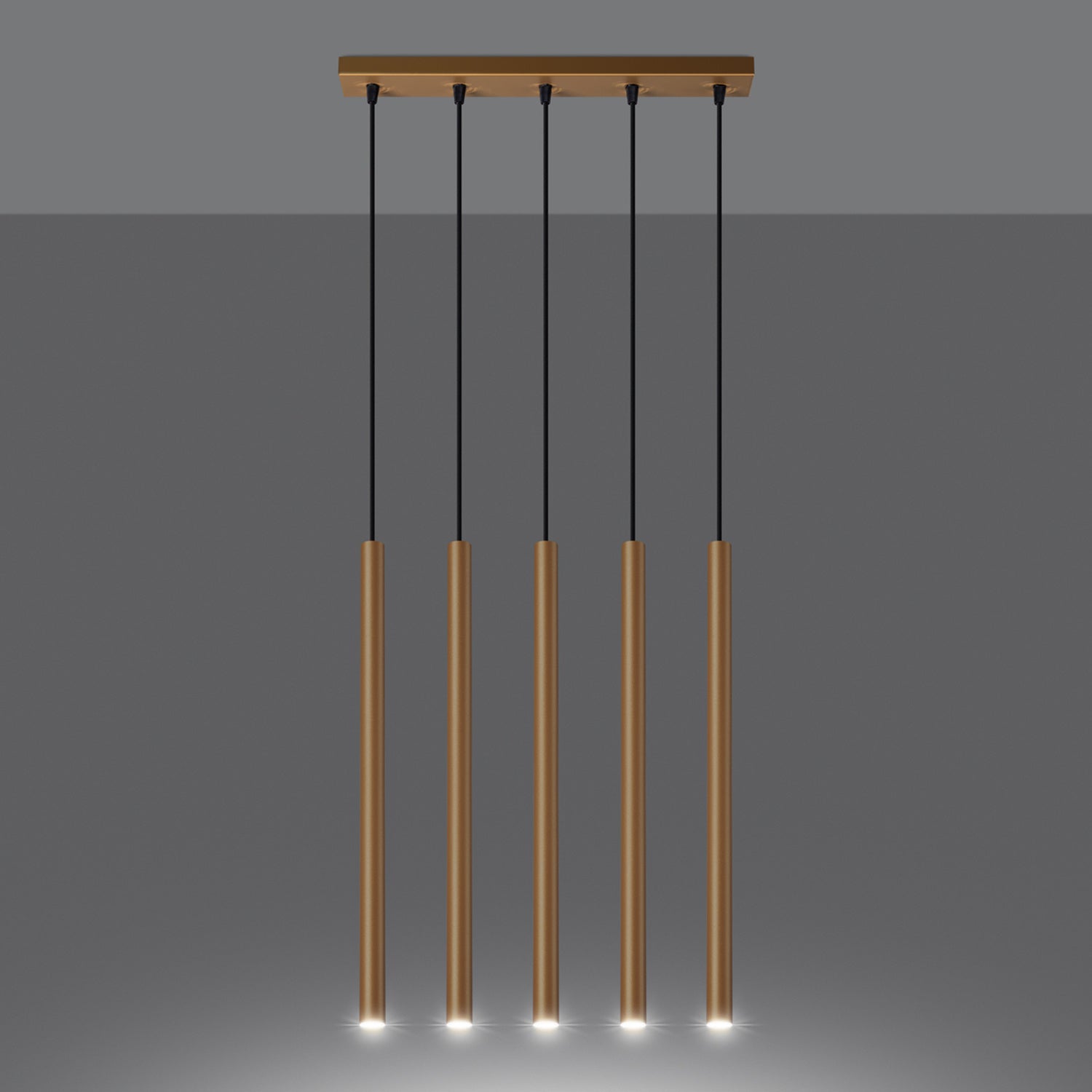 Suspension Pastelo 5 en ligne tubes fins doré G9 allumée, faisceau vers le bas