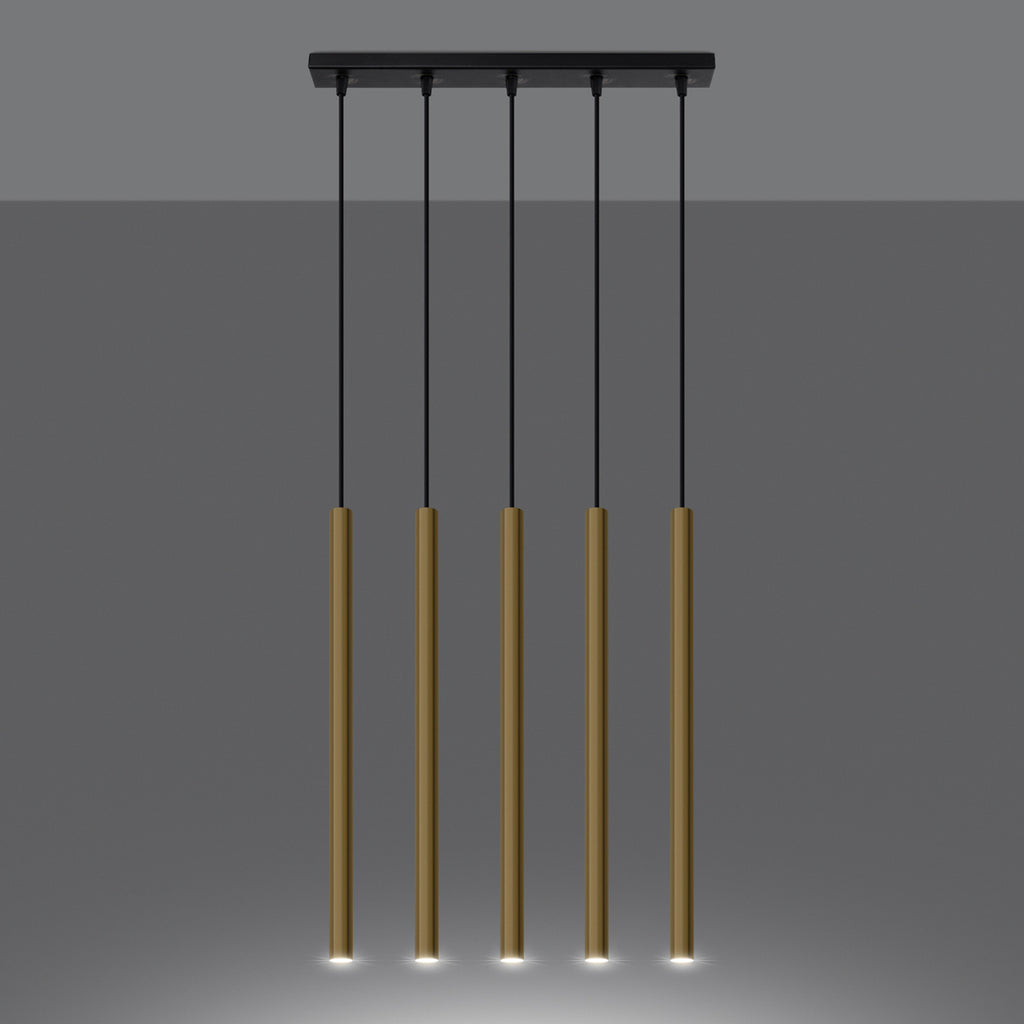 Suspension Pastelo 5 en ligne tubes fins doré poli G9 allumée, faisceau vers le bas
