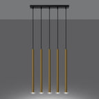 Suspension Pastelo 5 en ligne tubes fins doré poli G9 allumée, faisceau vers le bas