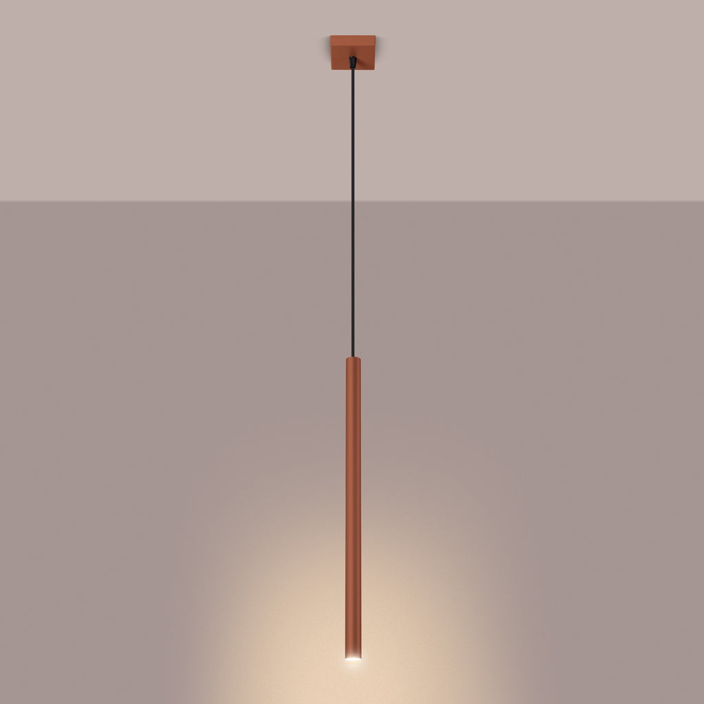 Suspension Pastelo tube fin rouge ocre G9 allumé