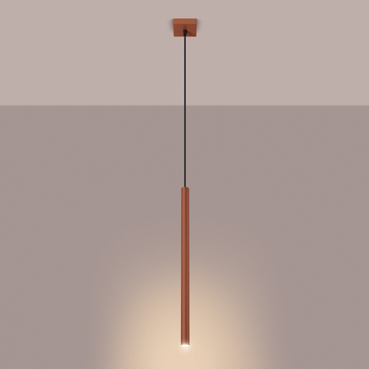 Suspension Pastelo tube fin rouge ocre G9 allumé