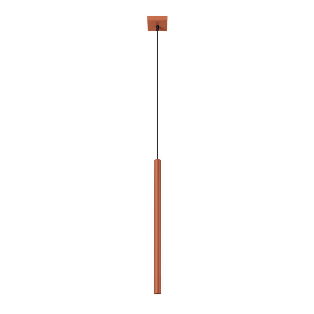Suspension Pastelo tube fin rouge ocre G9, fin tube effilé en acier laqué