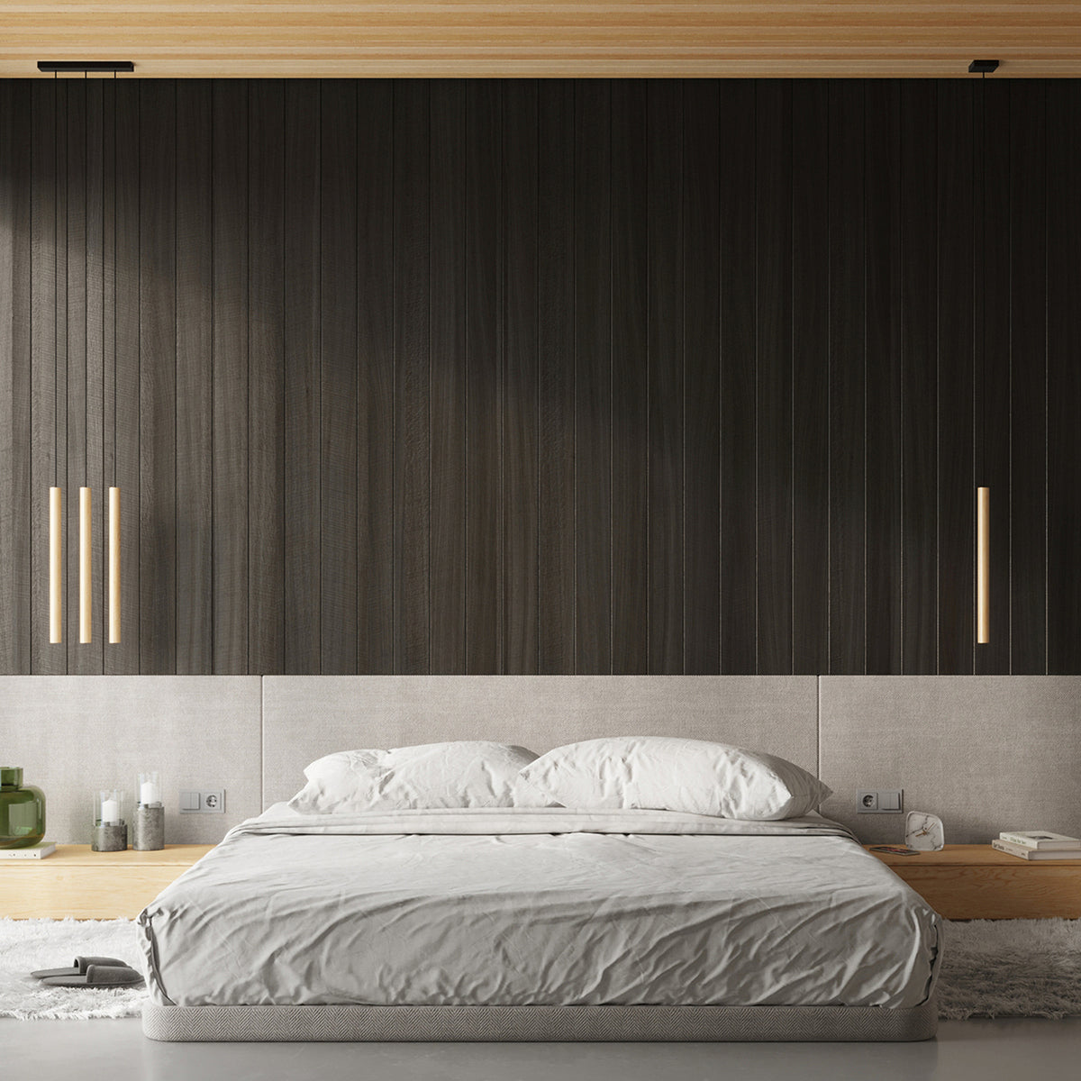 Chambre avec suspension Pastelo Bois clair à droite du lit et suspension Pastelo à trois tubes à gauche