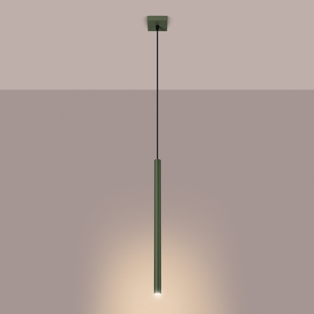 Suspension Pastelo tube fin vert olive G9 allumé