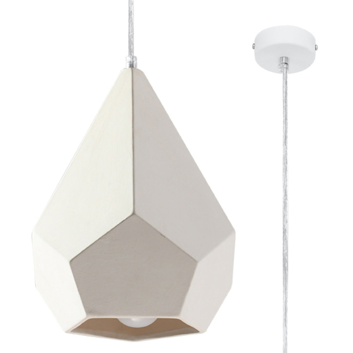 Suspension Pavlus en céramique blanc mat taillée en diamant à facettes avec rosace blanche