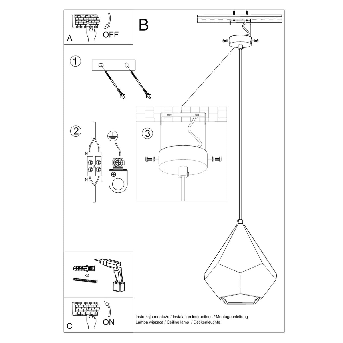 Schéma de montage de la suspension Pavlus fixation au plafond raccordement et mise à la terre