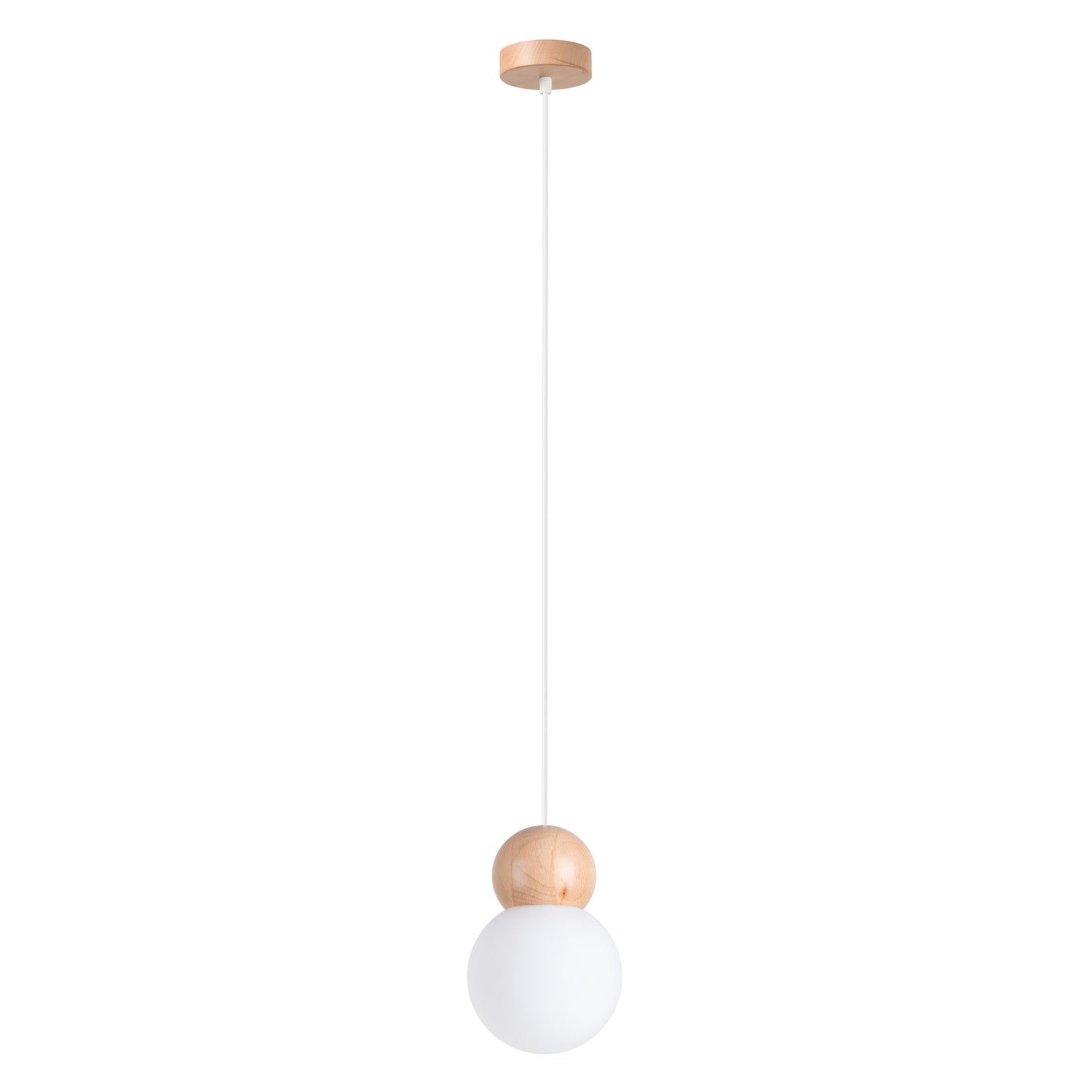 Suspension Pekka verre opale et bois G9, globe de verre opale coiffé d'une bille de bois naturel