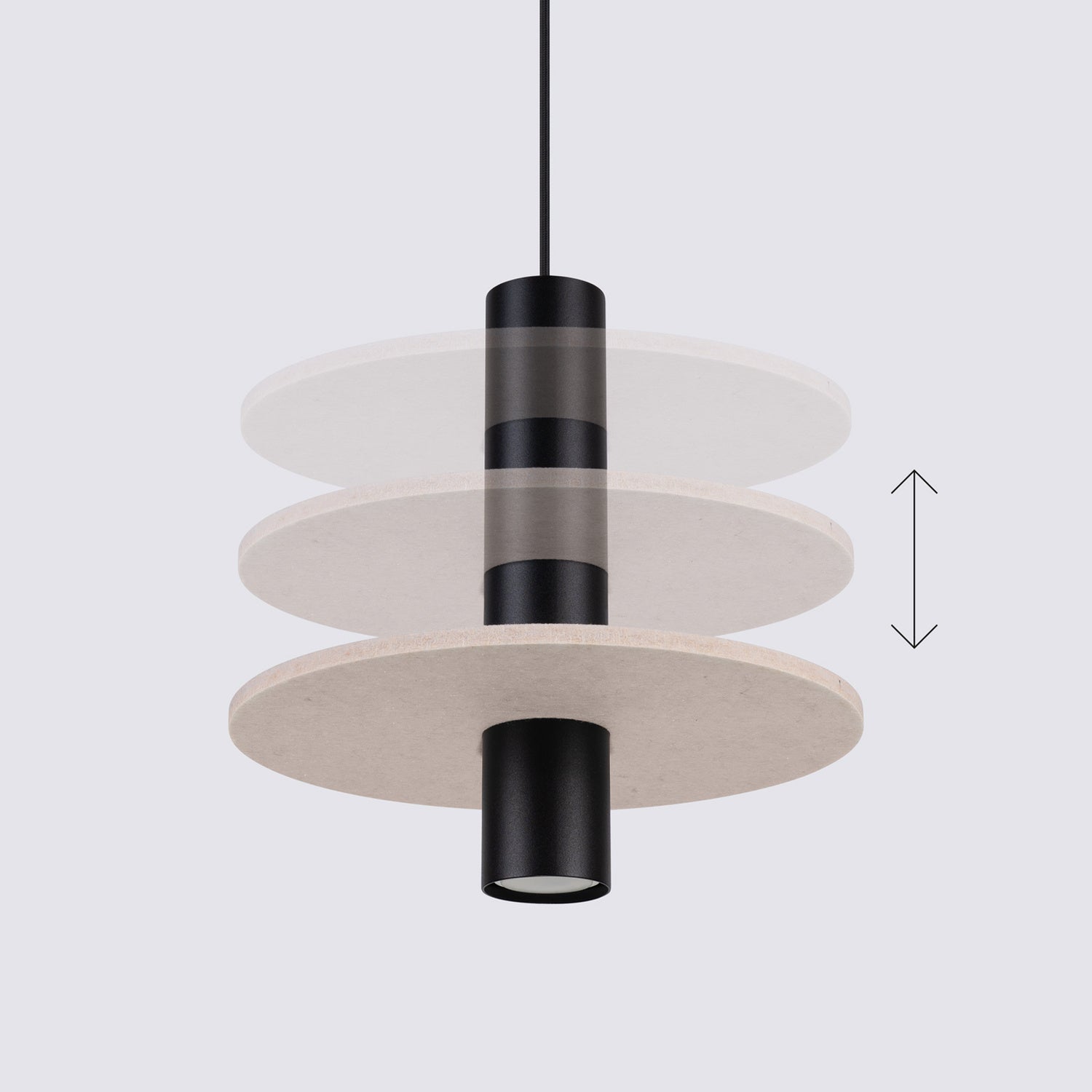 Suspension Pelta disque feutre beige et acier noir GU10, détail