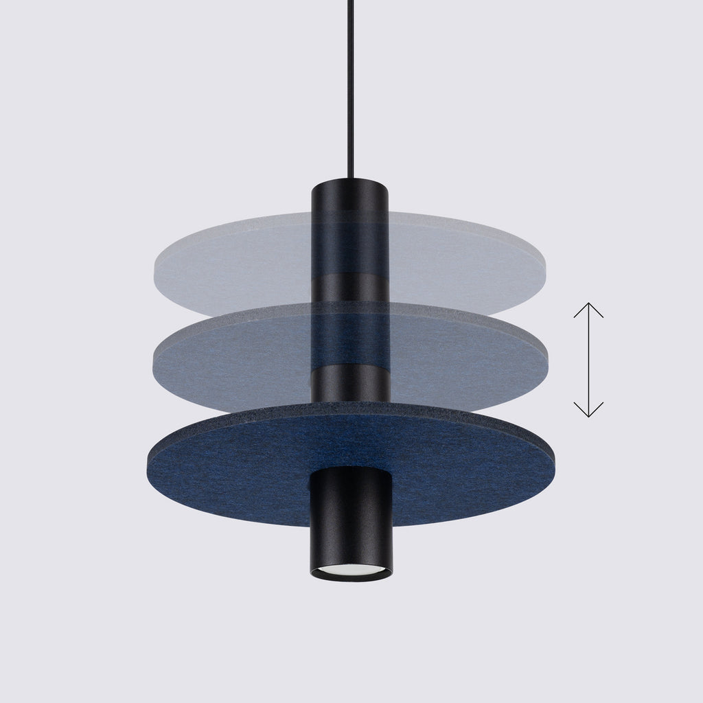 Suspension Pelta disque feutre bleu marine et acier noir GU10, détail