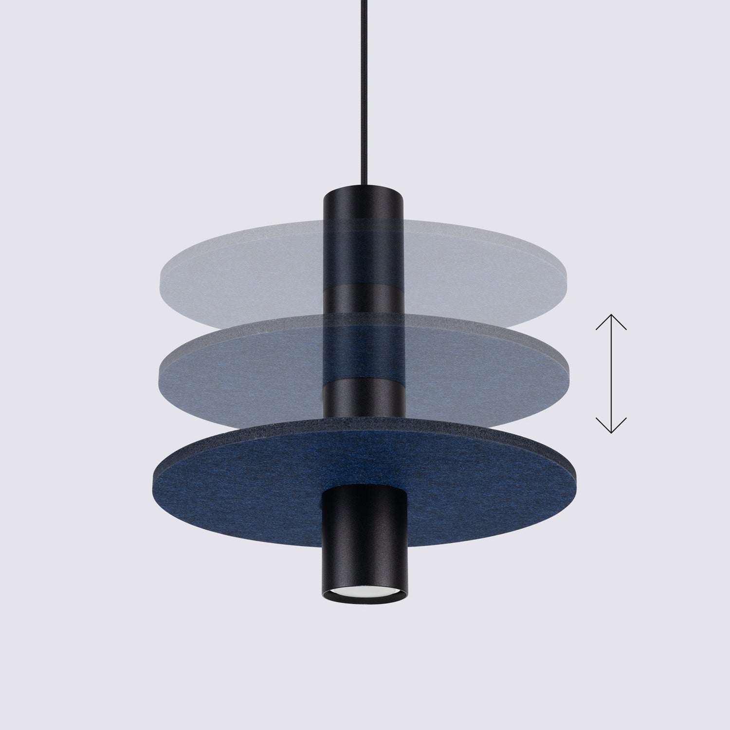 Suspension Pelta disque feutre bleu marine et acier noir GU10, détail