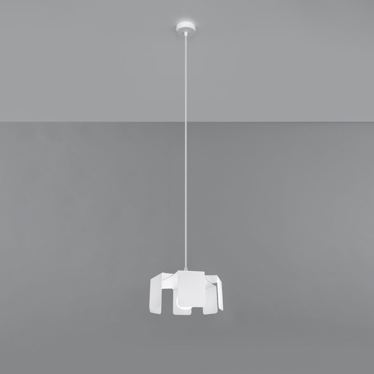 Suspension Tulip métal blanc sous sa rosace ronde avec son câble blanc