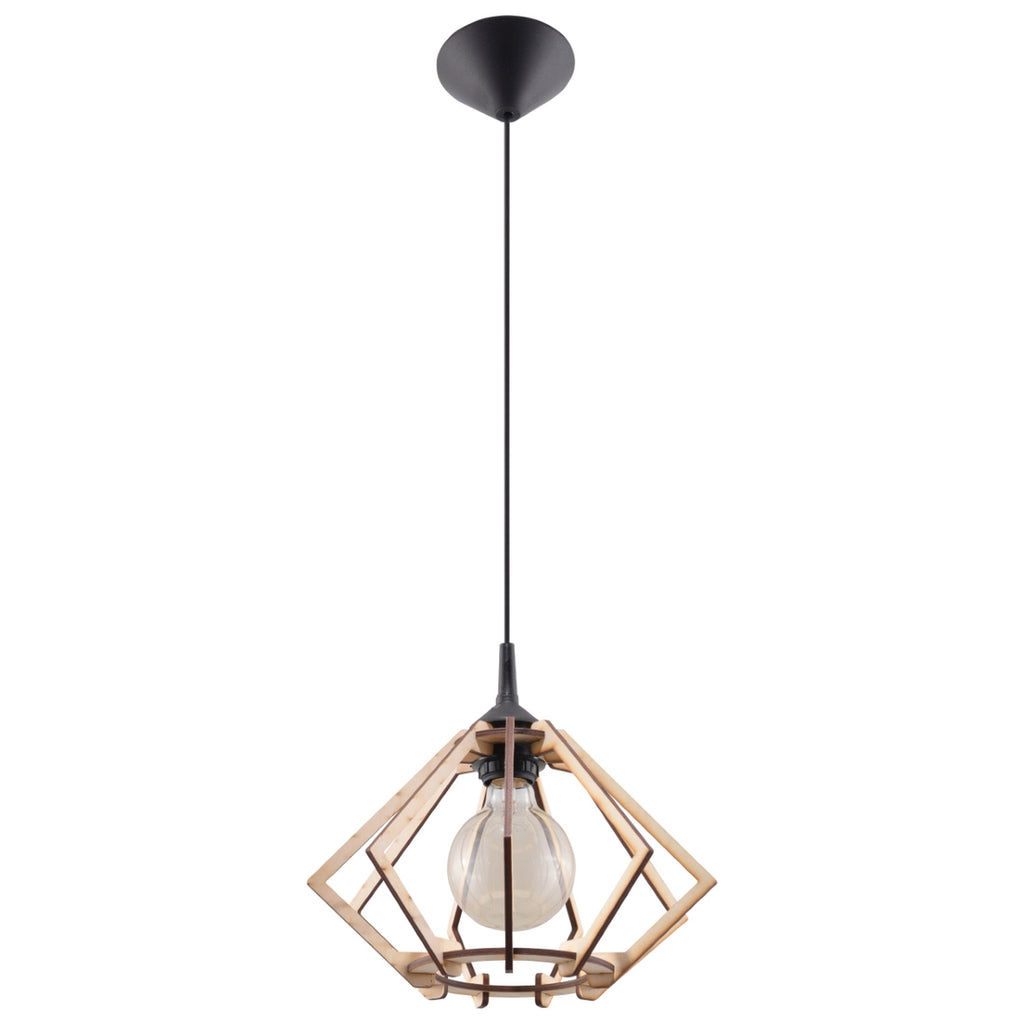 Suspension Pompelmo diamant bois naturel, abat-jour géométrique en bois naturel, ampoule E27 apparente