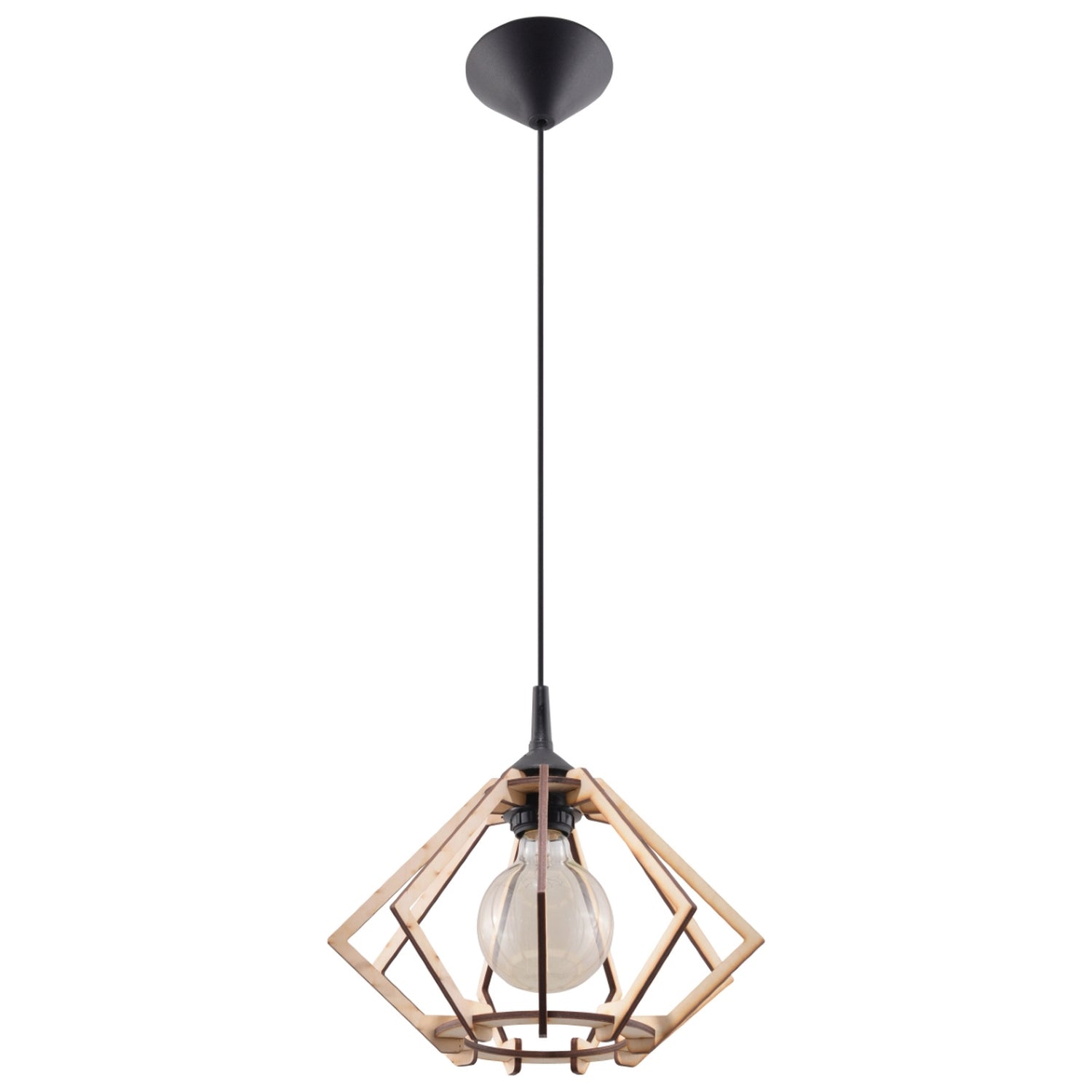 Suspension Pompelmo diamant bois naturel, abat-jour géométrique en bois naturel, ampoule E27 apparente