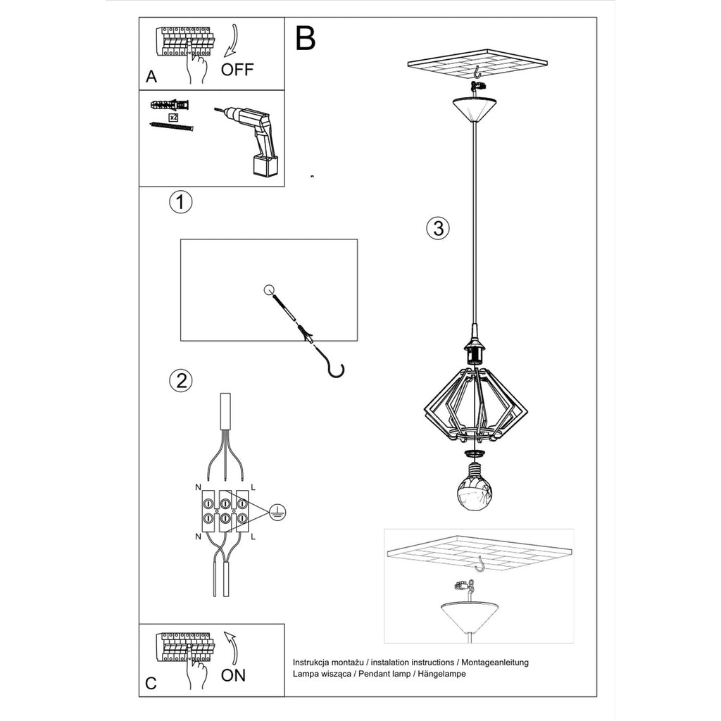 Schéma de montage de la Suspension Pompelmo diamant bois naturel