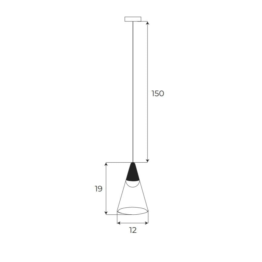 Schéma coté de la suspension Magnetic câble de 150 cm et cône de 19 cm de haut sur 12 cm de diamètre