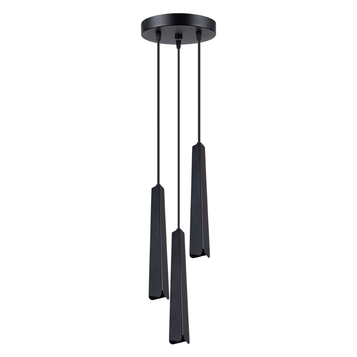 Suspension Prysm 3 en grappe métal noir G9, trois fins prismes d'acier noir pliés à hauteurs décalées