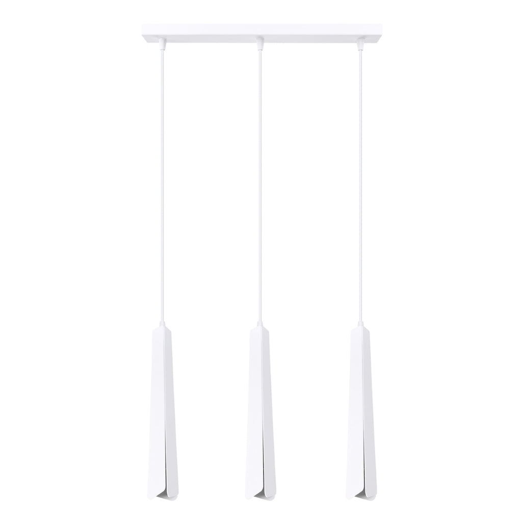 Suspension Prysm 3 en ligne métal blanc G9, trois fins prismes d'acier blanc pliés alignés sur une réglette