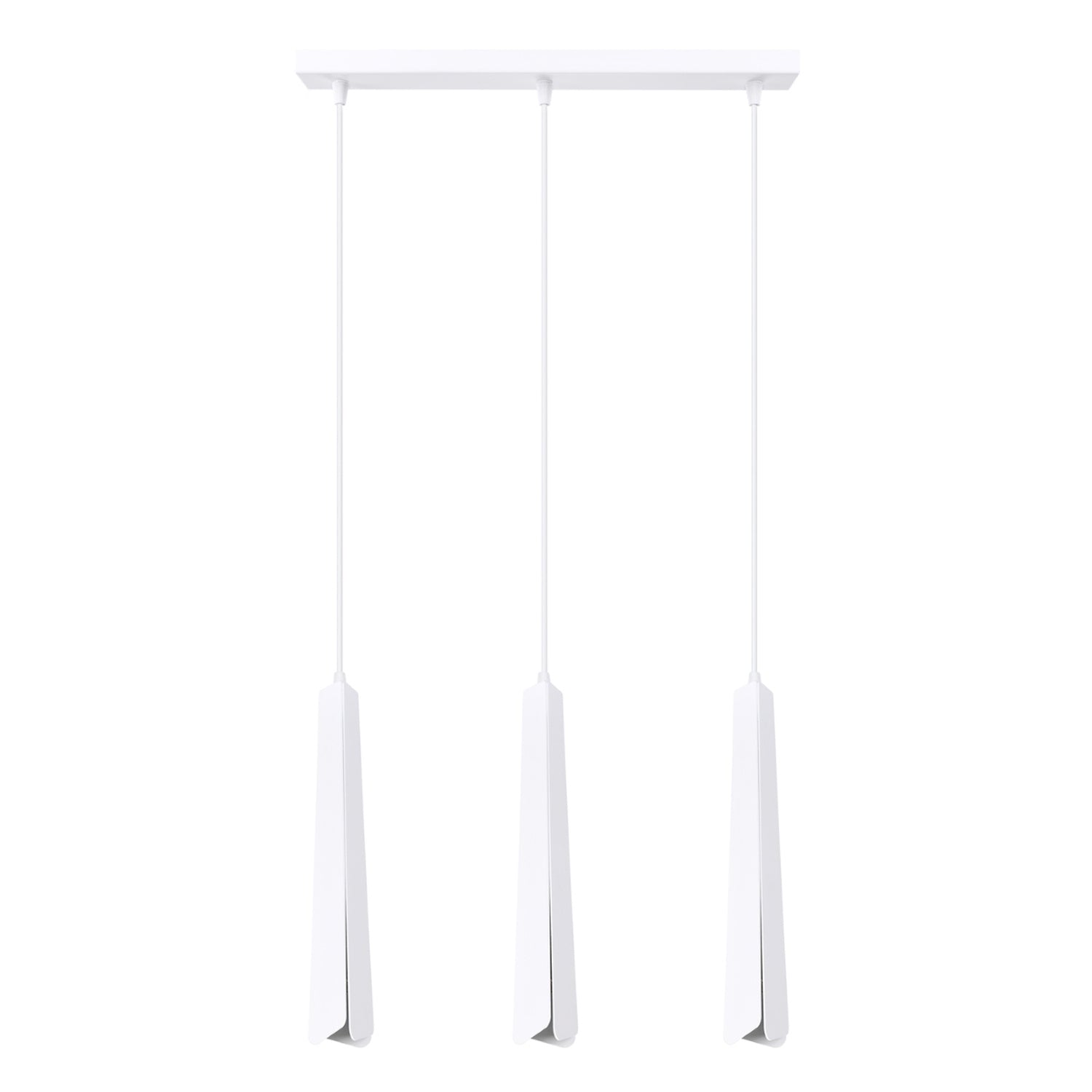 Suspension Prysm 3 en ligne métal blanc G9, trois fins prismes d'acier blanc pliés alignés sur une réglette