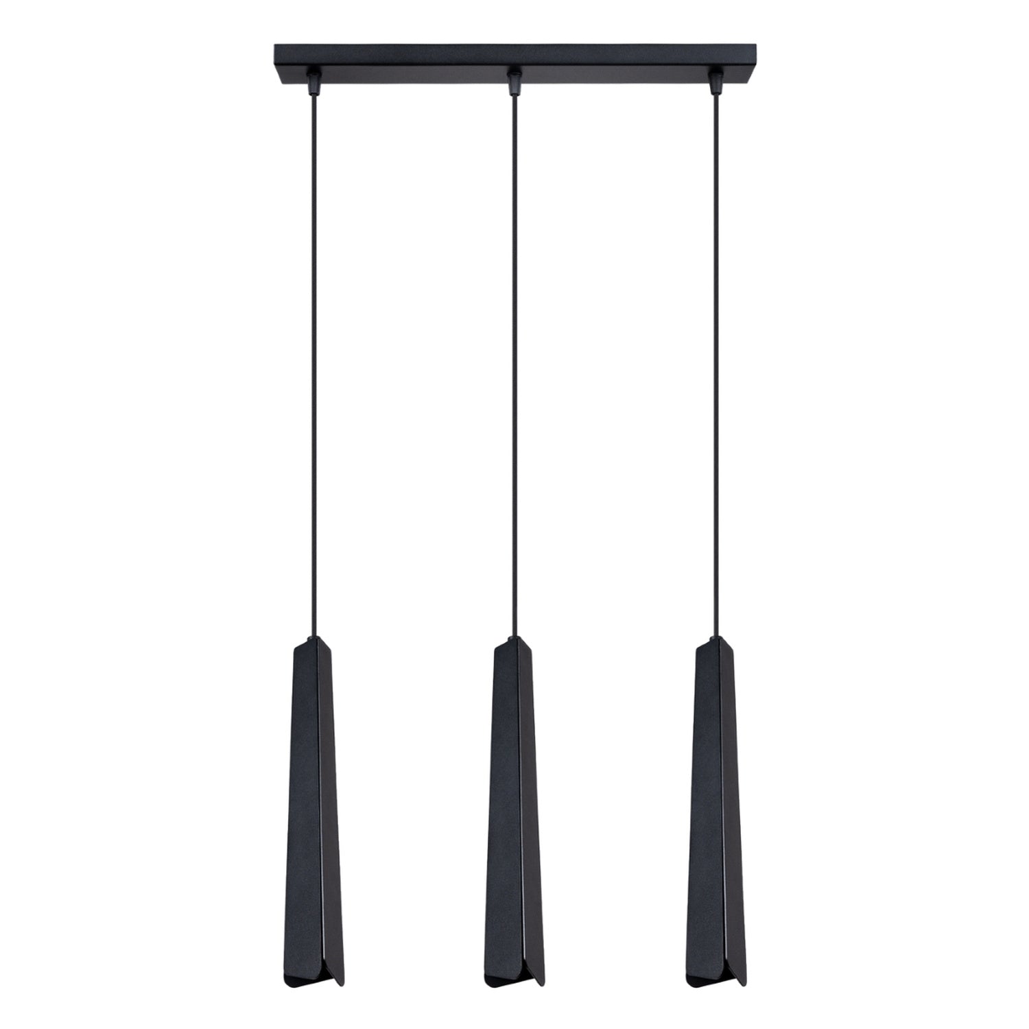 Suspension Prysm 3 en ligne métal noir G9, trois fins prismes d'acier noir pliés alignés sur une réglette