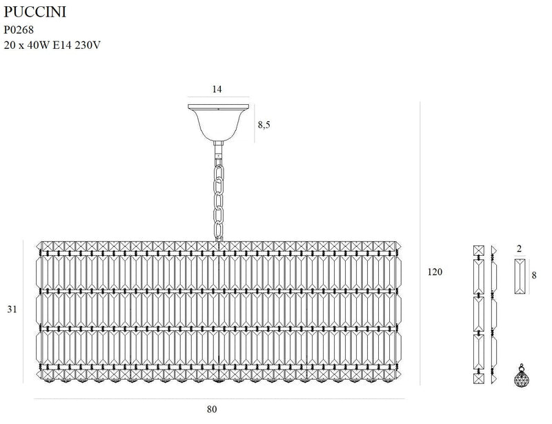 Dimensions Suspension Puccini 80 cm chromée E14