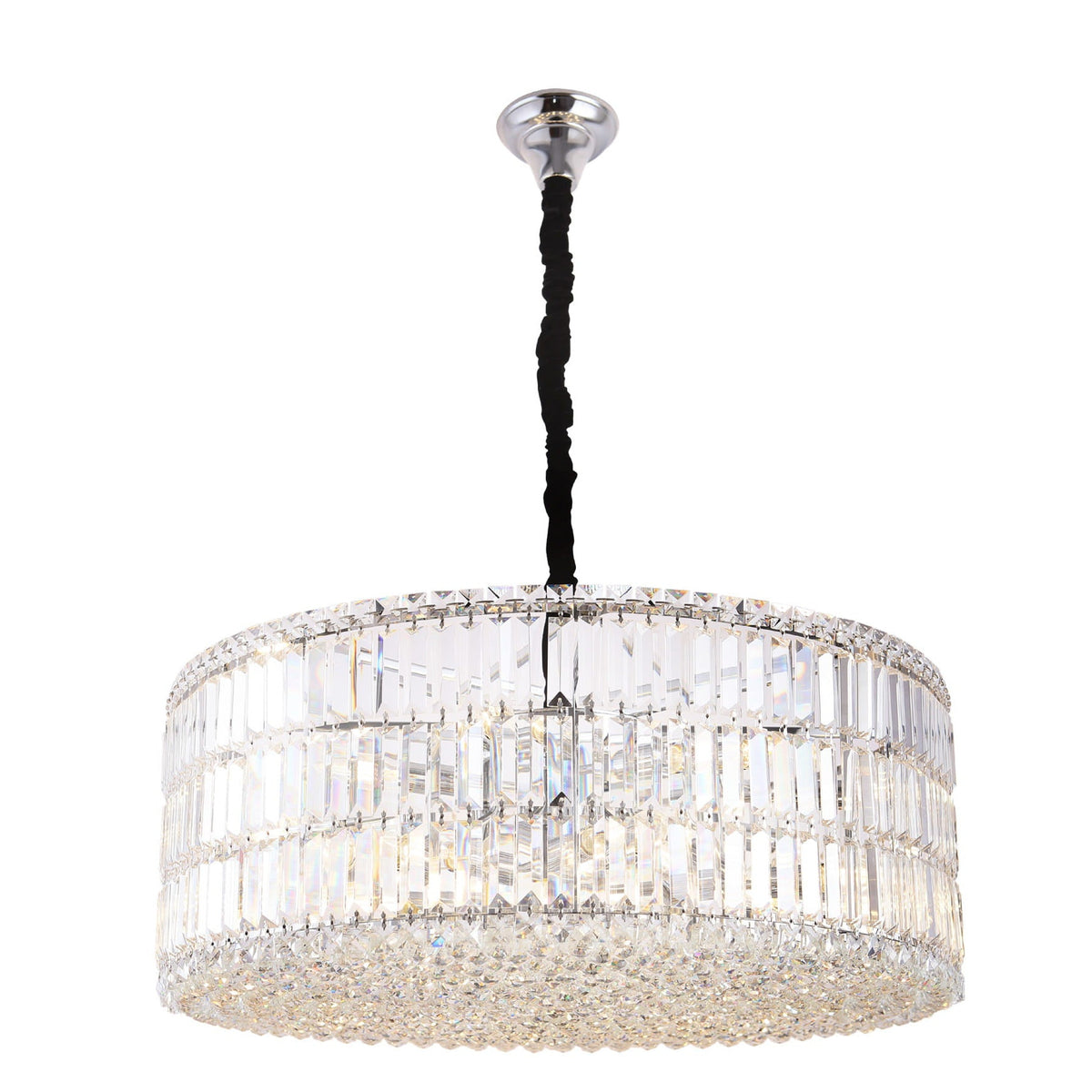 Suspension Puccini allumée avec son tambour de prismes de verre et sa frange de pampilles