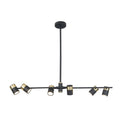 Suspension Puma barre noire à six spots cylindriques cerclés de doré sur tige rigide et rosace ronde