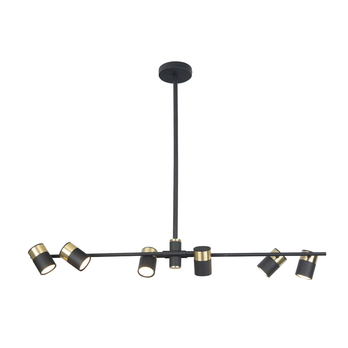 Suspension Puma barre noire à six spots cylindriques cerclés de doré sur tige rigide et rosace ronde