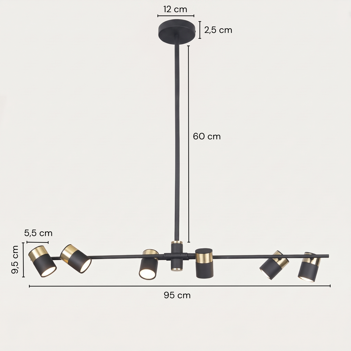 Dimensions de la suspension Puma : 95 cm de long, tige de 60 cm et rosace de 12 cm de diamètre