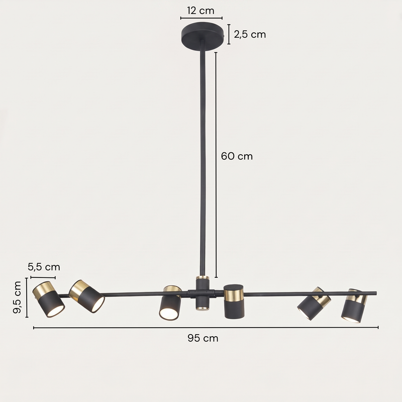 Dimensions Lampa wisząca Puma 6 reflektorów, czarny i złoty metal GU10