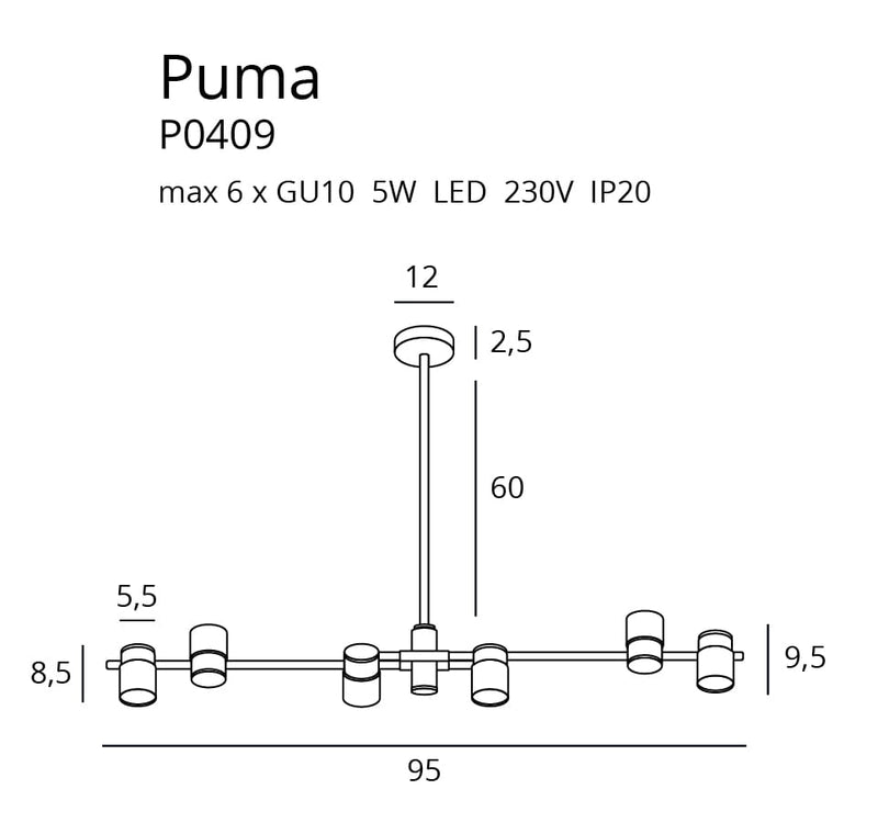 Dimensions Suspension Puma dorée GU10