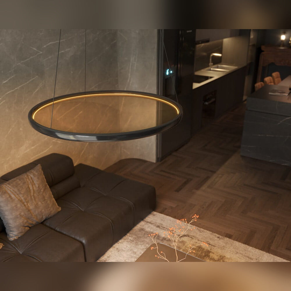 Suspension Qled vue du dessus dans un séjour ouvert sur une cuisine