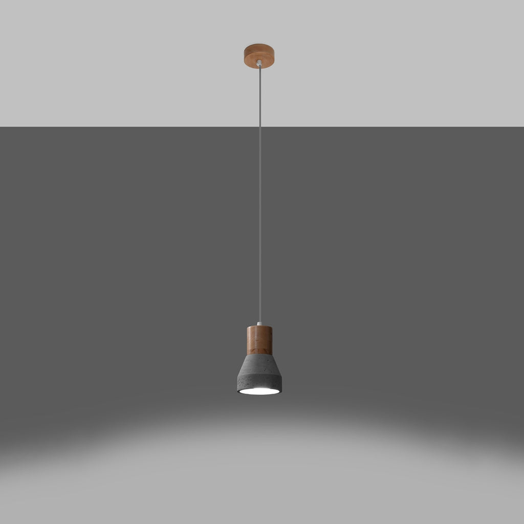 Suspension Qubic bois et béton gris allumée, faisceau vers le bas