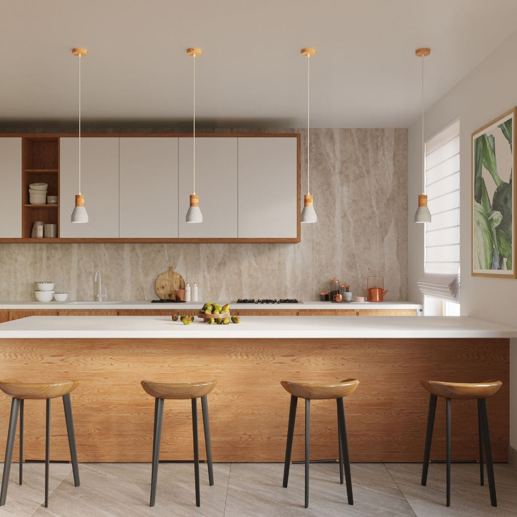 Suspension Qubic bois et béton gris dans un intérieur scandinave