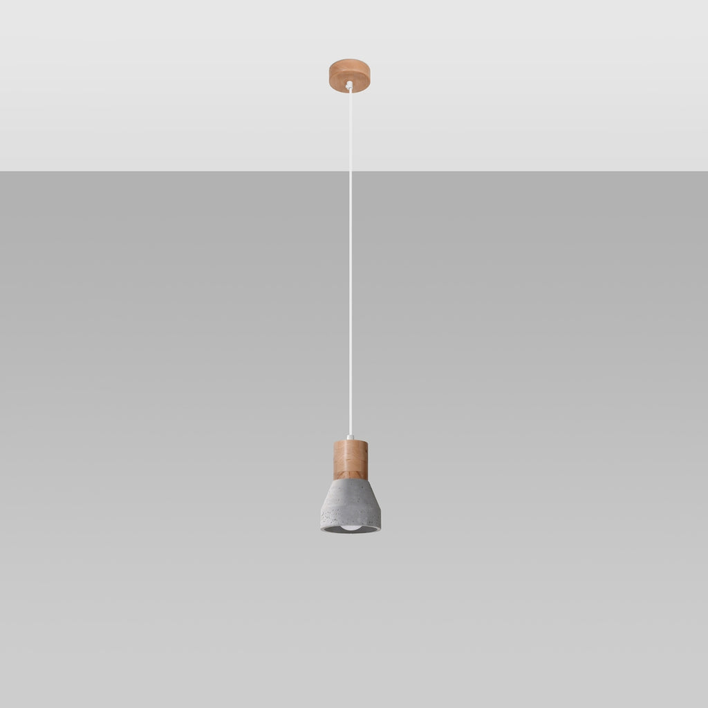 Suspension Qubic bois et béton gris, détail du bois et du béton
