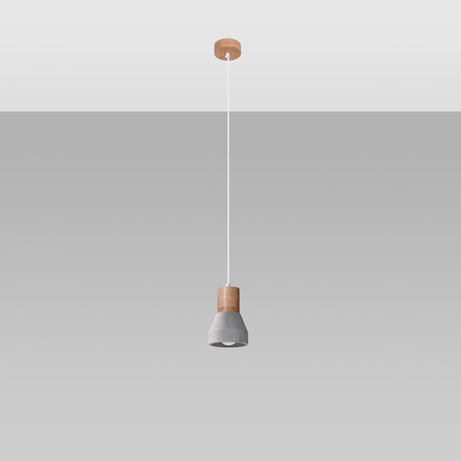 Suspension Qubic bois et béton gris, détail du bois et du béton