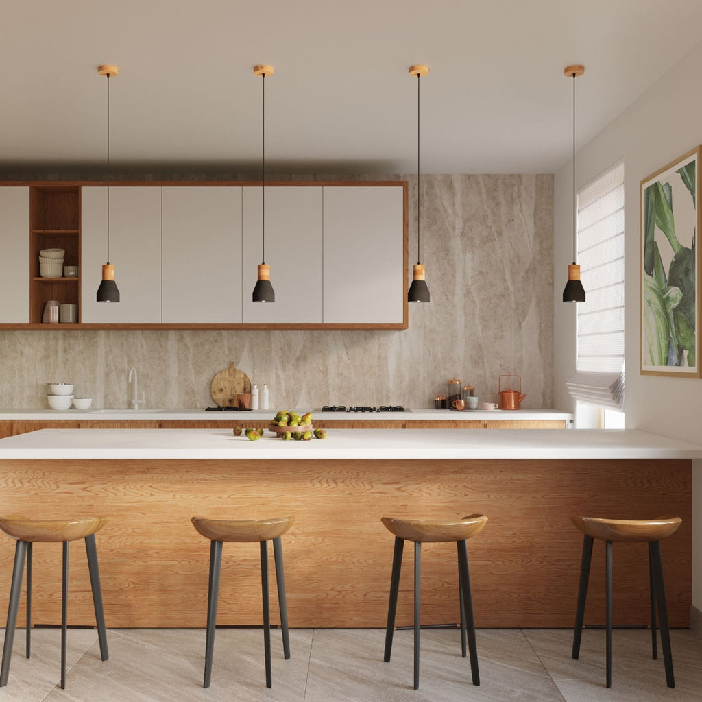 Suspension Qubic bois et béton noir dans un intérieur scandinave