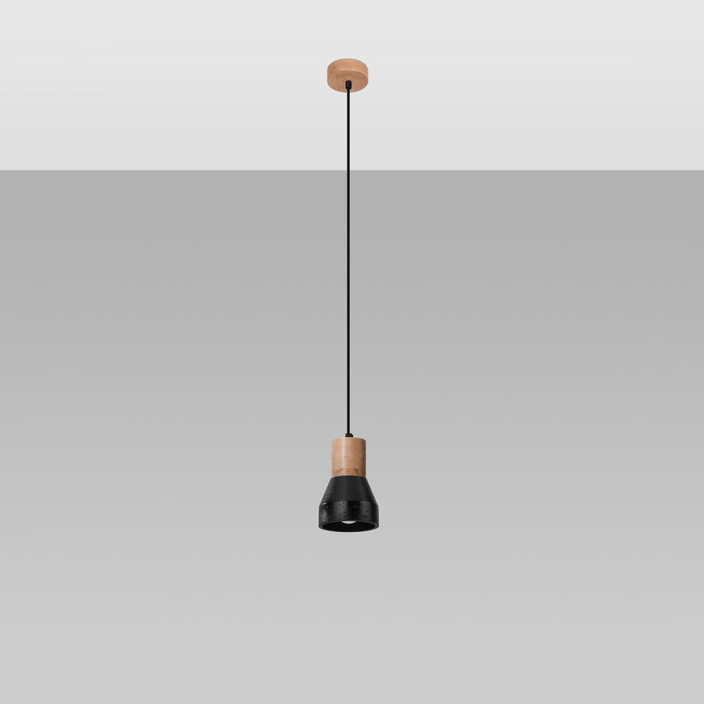 Suspension Qubic bois et béton noir, détail du bois et du béton